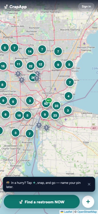 CrapApp live map — scored restroom pins across metro Detroit